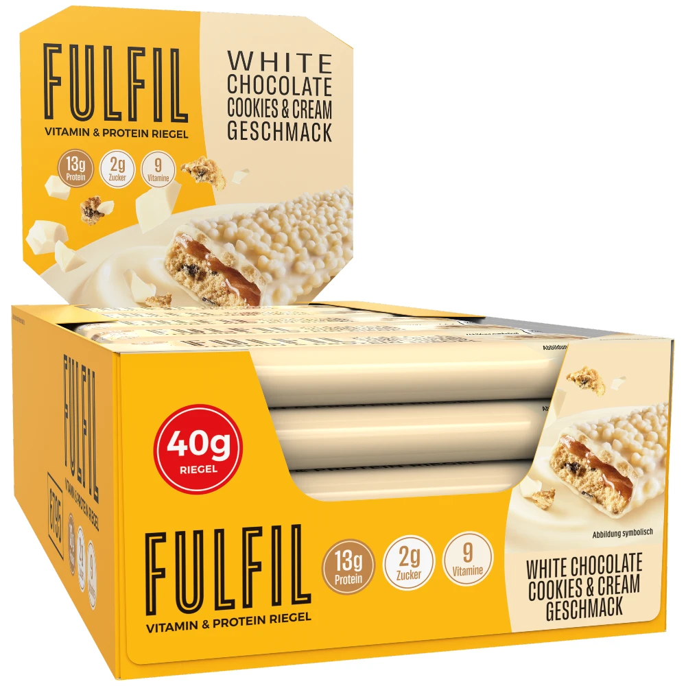 FULFIL_40G_WHITE_COOKIES___CREAM_3_4 FULFIL – Witte Chocolade Cookie & Cream - Vitamine Proteine Bar (15x 40g) - Afbeelding 1